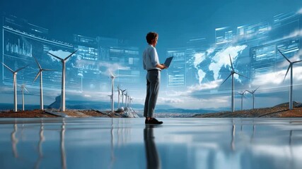 Future Vision: A lone figure, silhouetted against a futuristic wind farm, consults a digital display showcasing global data and energy landscapes.  - Powered by Adobe