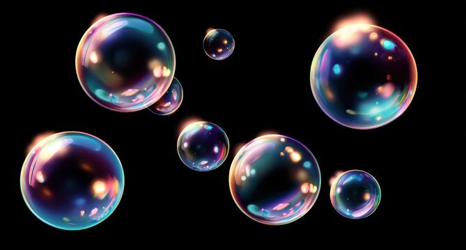 Iridescent soap bubbles float against a solid black background.