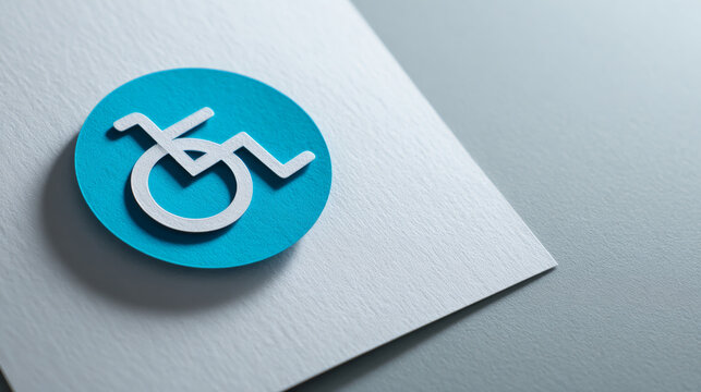A blue and silver symbol of a person in a wheelchair on top of paper