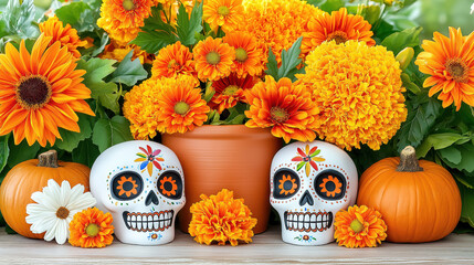 Day of Dead skull, marigold flower, pumpkin, orange daisy, and white daisy arranged on wooden table, vibrant festive autumn decoration, cheerful and colorful celebration