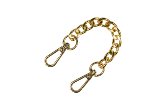 Gold chain strap with two swivel snap hooks, close view, is isolated.