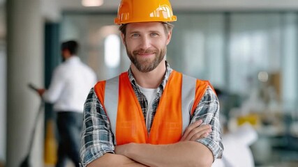 Confidence in Construction: A focused construction worker with a yellow hard hat and safety vest, exuding confidence, poses confidently with arms crossed, embodying dedication and experience.