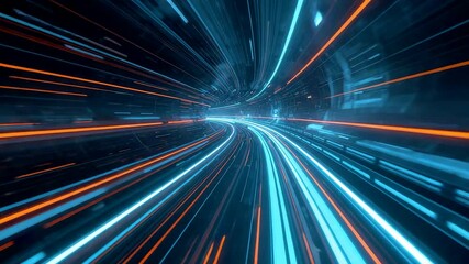 Speeding Through Glowing Blue and Orange Light Streaks Inside Curved Digital Tunnel
