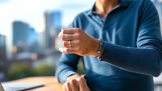 Faceless torso of a person in smart casual rolling up sleeves at a standing desk city lines defocused beyond cool daylight space on right for message faceless sleeves rolled