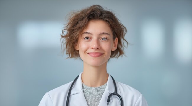 Warm, professional close-up portrait of a young Caucasian woman doctor smiling genuinely, wearing a lab coat and stethoscope in a clinic setting. - Powered by Adobe