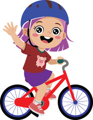 Happy little girl riding yellow bicycle wearing safety helmet, cheerful child cartoon character illustration, kids outdoor activity and fun concept