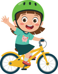 Happy little girl riding yellow bicycle wearing safety helmet, cheerful child cartoon character illustration, kids outdoor activity and fun concept