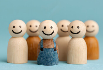 Funny wooden toy dolls with smiling faces in a colorful family group on a white background