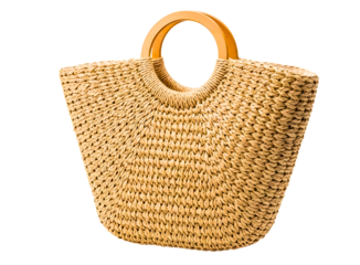 Natural woven straw tote bag with wooden handles isolated on transparent background