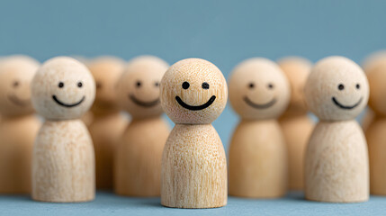 Funny wooden dolls with painted faces on a white background illustrate a family concept