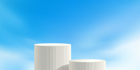 Fototapeta premium White poduim on sky bg, product platform in blue cloud. Cosmetic display summer stand, Spring nature banner. Minimal stage mockup, abstract vector pastel backdrop. Light soft presentation, step scene