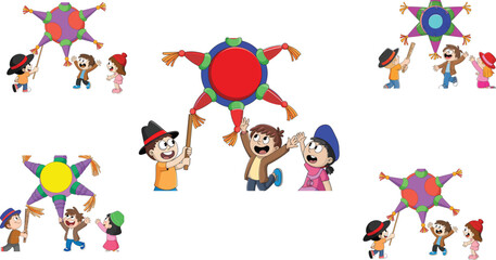 Happy children playing traditional piñata game with colorful star piñata, festive cartoon illustration of kids celebrating birthday or holiday party
