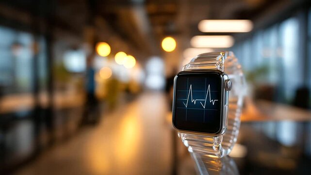 Faceless closeup of a smartwatch displaying a subtle heart rate graph during a break office corridor defocused soft ambient light top band clear faceless wellness at work sma - Powered by Adobe