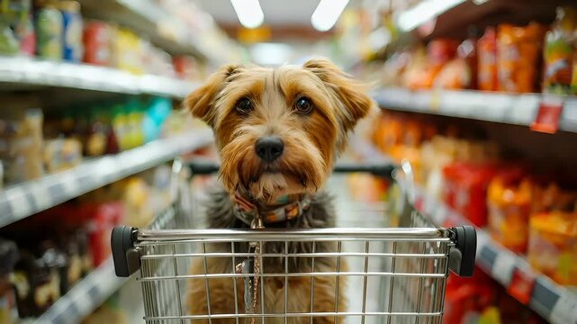 A closeup shot of a dog in a shopping cart in a grocery store aisle. The dog is looking directly at the camera with a curious expression.