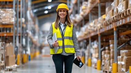 Warehouse Supervisor: Confident and skilled woman in a high-visibility vest and hard hat navigates a bustling warehouse, signifying leadership and efficiency in logistics. - Powered by Adobe