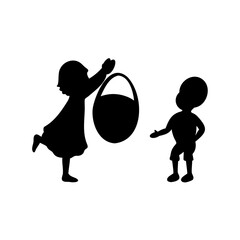 Two children playing with a basket in a black silhouette style