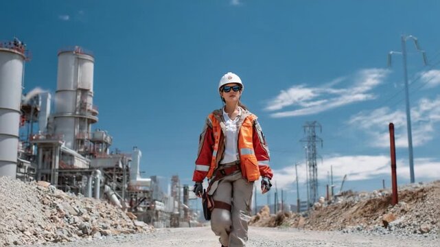 Resilience in the Industrial Landscape: A determined engineer strides confidently amidst a sprawling industrial complex under a vast blue sky, embodying strength and capability.
