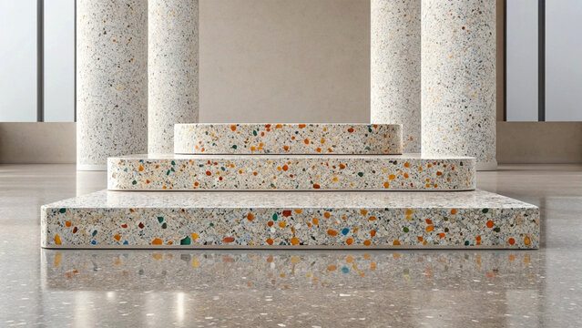 Multi tiered terrazzo podium with columns and polished floor
