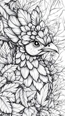 Artistic bird with intricate leaf patterns.