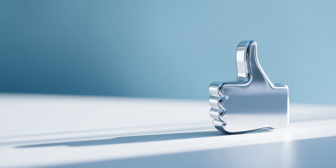 A silver thumbs up icon on a white surface with blue background