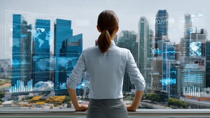 Visionary Leader: A determined business woman stands tall, overlooking a cityscape, envisioning the future and analyzing global market data. A modern depiction of leadership and strategic foresight. - Powered by Adobe