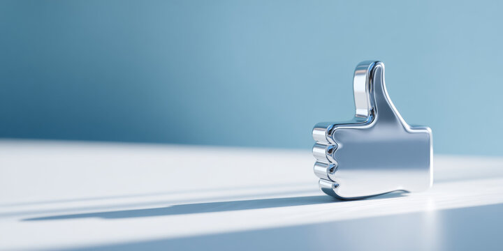 A silver thumbs up icon on a white surface with blue background