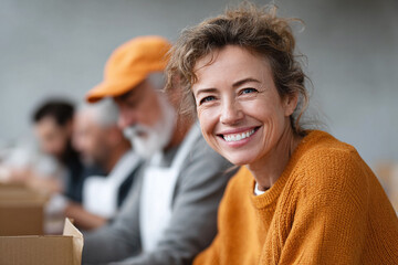 A happy woman smiles, volunteering with a diverse team. Community spirit, giving back, teamwork. Ideal for charity, nonprofit, or social impact themes.
