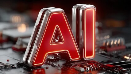 AI Technology: Bold letters 'AI' shine, illuminated with a futuristic red, symbolising the advancement of artificial intelligence on an intricate circuit board background.