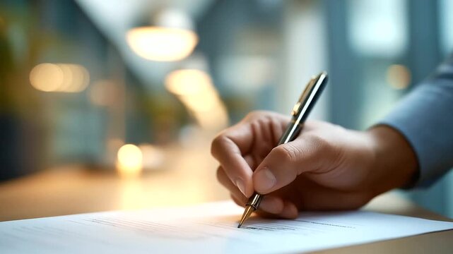 Faceless macro of a pen signing a generic approval form shallow DOF desk lamp glow corridor background defocused composition with left margin free faceless approval