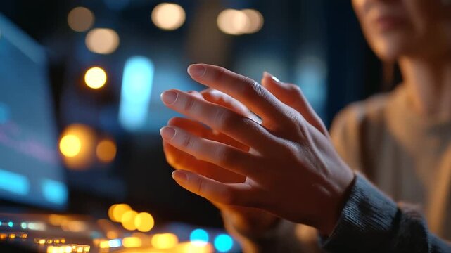 Faceless over shoulder of hands dragging a timeline clip in a video editor interface abstracted and brandless studio lamp cones defocused composition with upper margin free