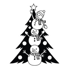 Stack of snowmen with a christmas tree