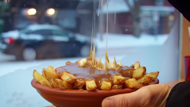 Delicious Poutine Being Poured with Gravy on French Fries and Cheese Curds in a Bowl