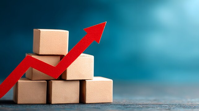 Red arrow on a graph points up next to a brown wooden block object