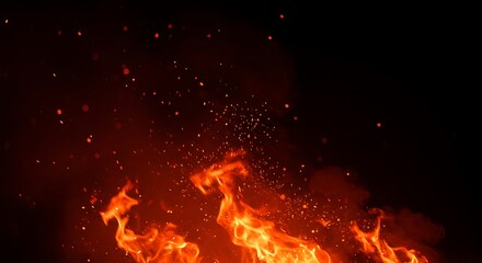 A closeup shot of a roaring fire with glowing embers and sparks flying upwards against a dark background