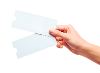 Hand holding two blank white tickets isolated on transparent background