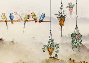 Bird Line 3D Wall – Light beige artistic 3D mural featuring perched birds on hanging branches in minimal composition.  © design