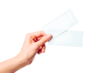 Hand holding two white torn paper pieces isolated on transparent background