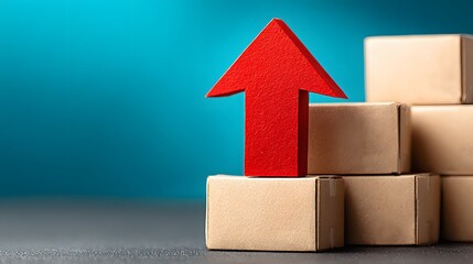 Wooden toy blocks form a 3D house and arrow sign, symbolizing successful business growth in the real estate market. Business Growth Arrow: Rising Success and Logistics with Stacked Cardboard Boxes