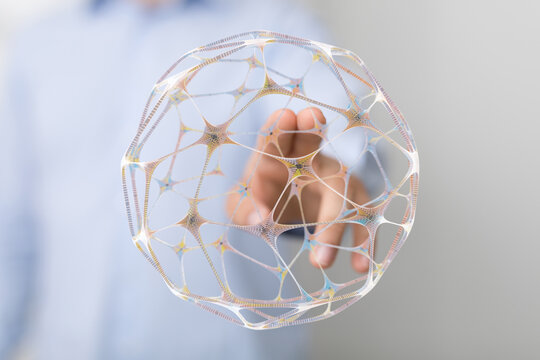Abstract image of hand touching a digital sphere, concept of connection, technology, artificial intelligence, and the global network.