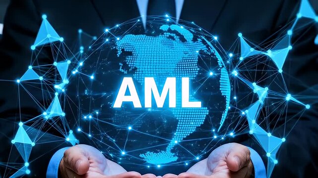 AML global business regulation modern technology on world globe hands