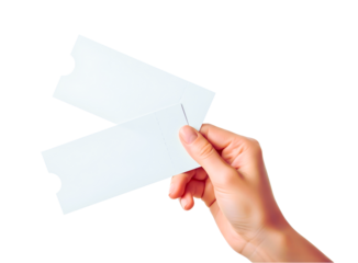 Hand holding two blank white tickets isolated on transparent background