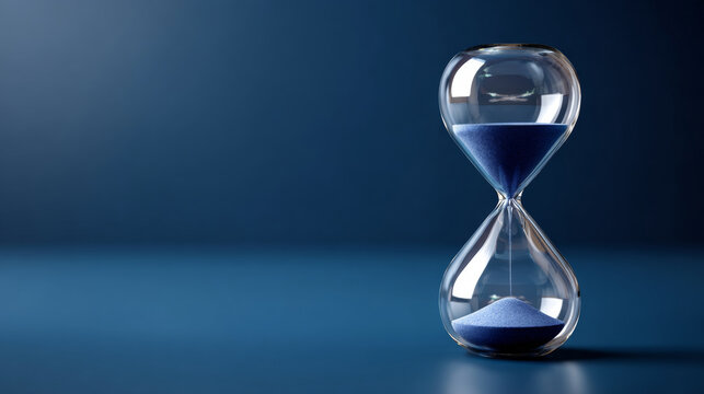 A sand timer with blue sand is shown against a dark background, symbolizing the passage of time or limited resources - Powered by Adobe