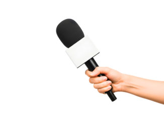 Hand holding a news microphone for an interview isolated on transparent background