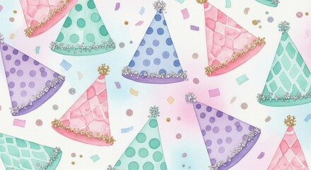 A seamless pattern of watercolor party hats in pastel colors with glitter details. Hand-painted for a whimsical and celebratory feel. Perfect for birthday invitations and baby shower cards.