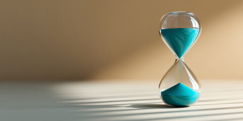 A sand timer with blue granules is shown against a beige background, symbolizing the passage of time and its irreversible nature