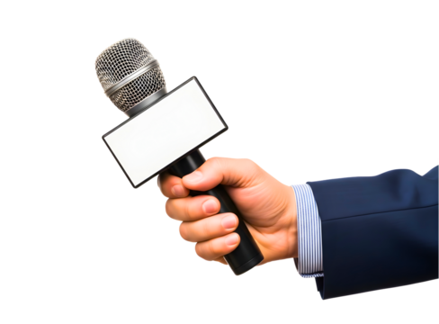 Hand holding a microphone for interview isolated on transparent background