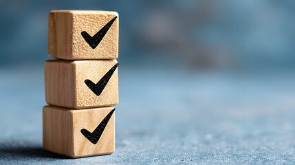 Checklist Complete concept.  Three Stacked Wooden Blocks with Checkmarks