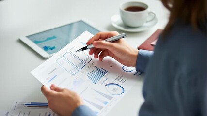 AI animated over-shoulder shot of businesswoman or female executive talking during corporate meeting, holding presentation page with financial graphs and marketing charts, digital tablet on desk - Powered by Adobe