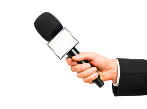 Hand holding a microphone for interview isolated on transparent background