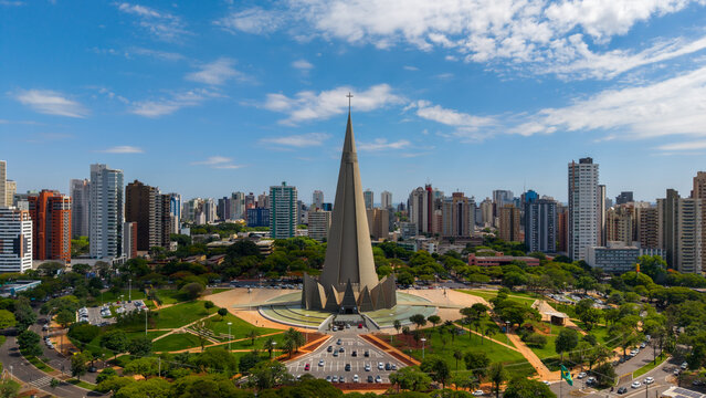 Aerial View of Maringa, Cathedral and downtown. Several buildings. Paran&aacute;, Brazil.